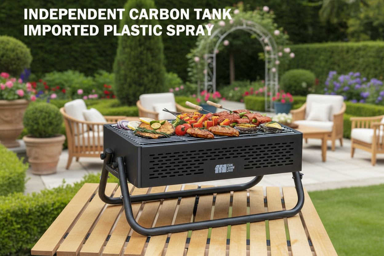Portable grill with food on a wooden chair outdoors, with text about carbon tank and plastic spray.