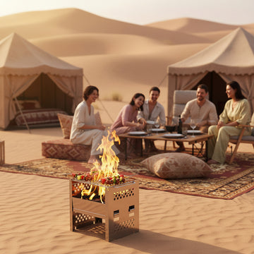 Desert camping scene with tents, fire pit, and outdoor furniture.