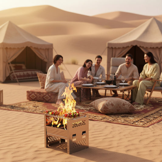 Desert camping scene with tents, fire pit, and outdoor furniture.