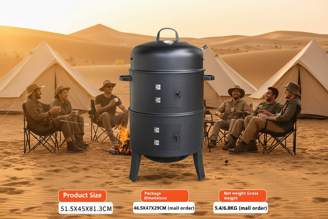 Black cylindrical smoker with dimensions and weight information on a white background