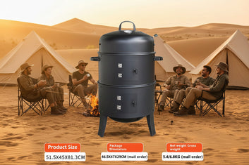 Black cylindrical smoker with dimensions and weight information on a white background