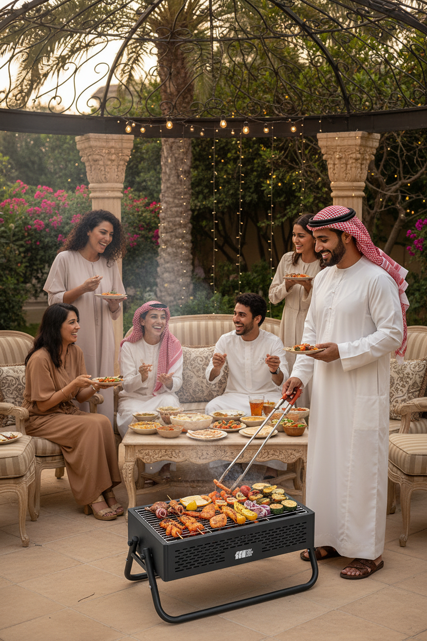 People grilling vegetables on a portable grill with text about grill width.
