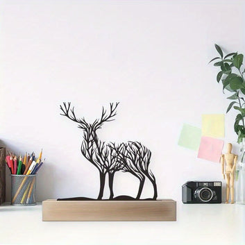 Metal Deer Tabletop Decor with Wooden Base Christmas Ornament Art Deco Animal Theme for Desk Living Room Entryway TV Cabinet Gift