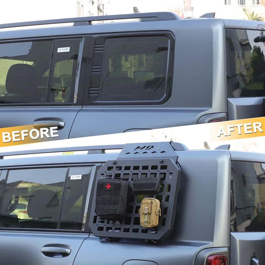 Before and after comparison of a vehicle's front bumper with additional equipment.