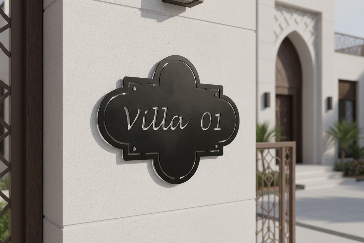 A black metal house number plaque reading 'Villa 01' in white script, mounted on a light beige stone pillar in front of a modern building entrance.