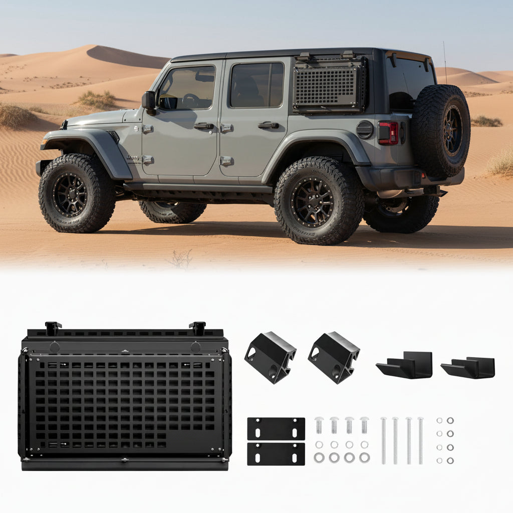 Black storage box with mounting brackets on a white truck bed, with additional components displayed below.