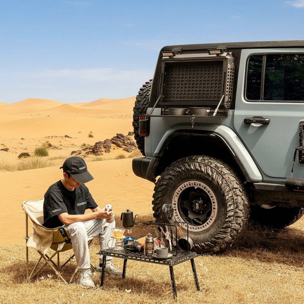 Person sitting by a Jeep by a lake with camping gear.