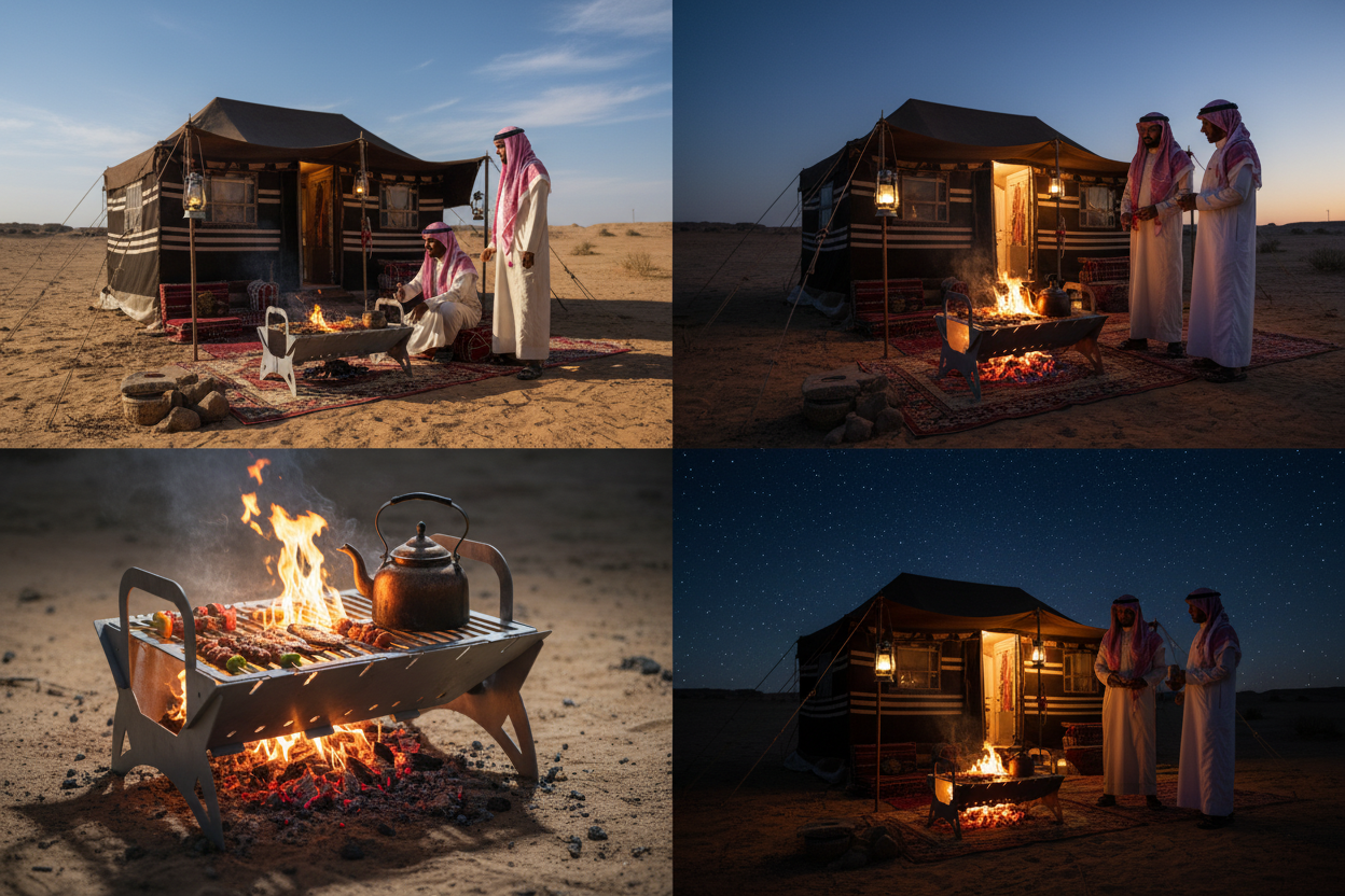 Metal firepit with dual-level grill filled with skewers and flames rising underneath