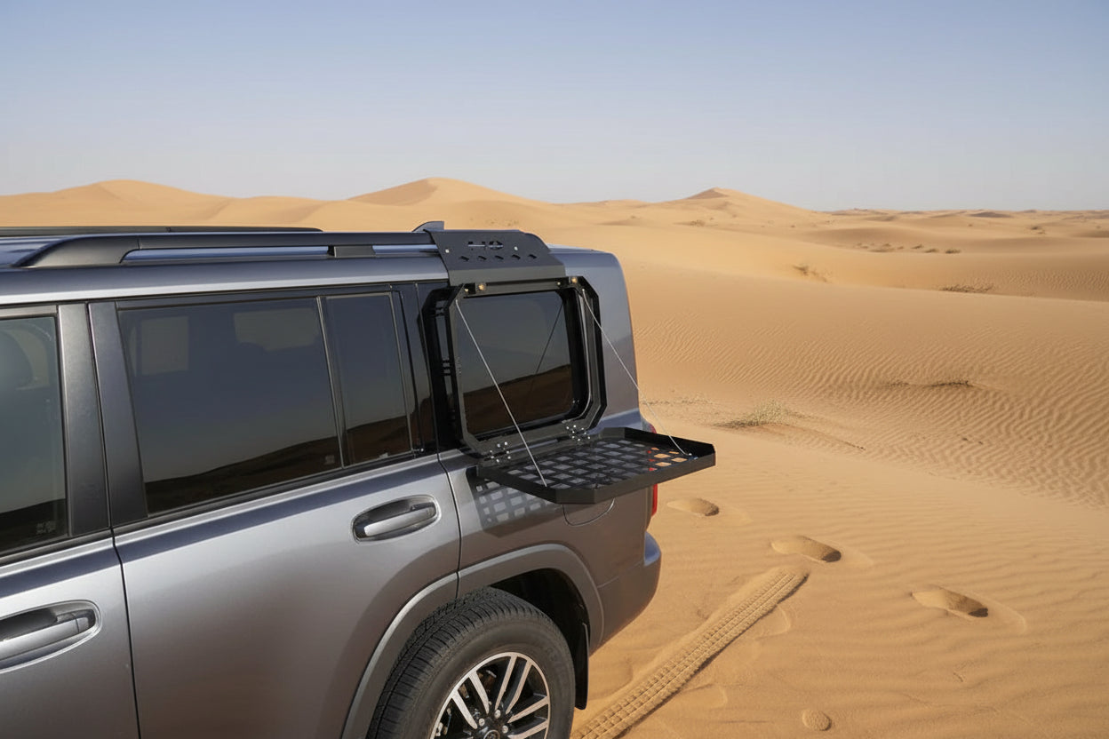 Car roof rack system with open tray on a vehicle in an outdoor setting
