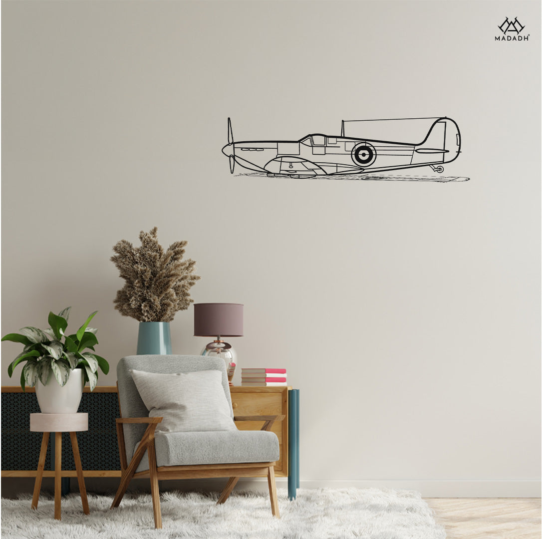 Close-up of precision-cut Spitfire MK. II silhouette metal décor