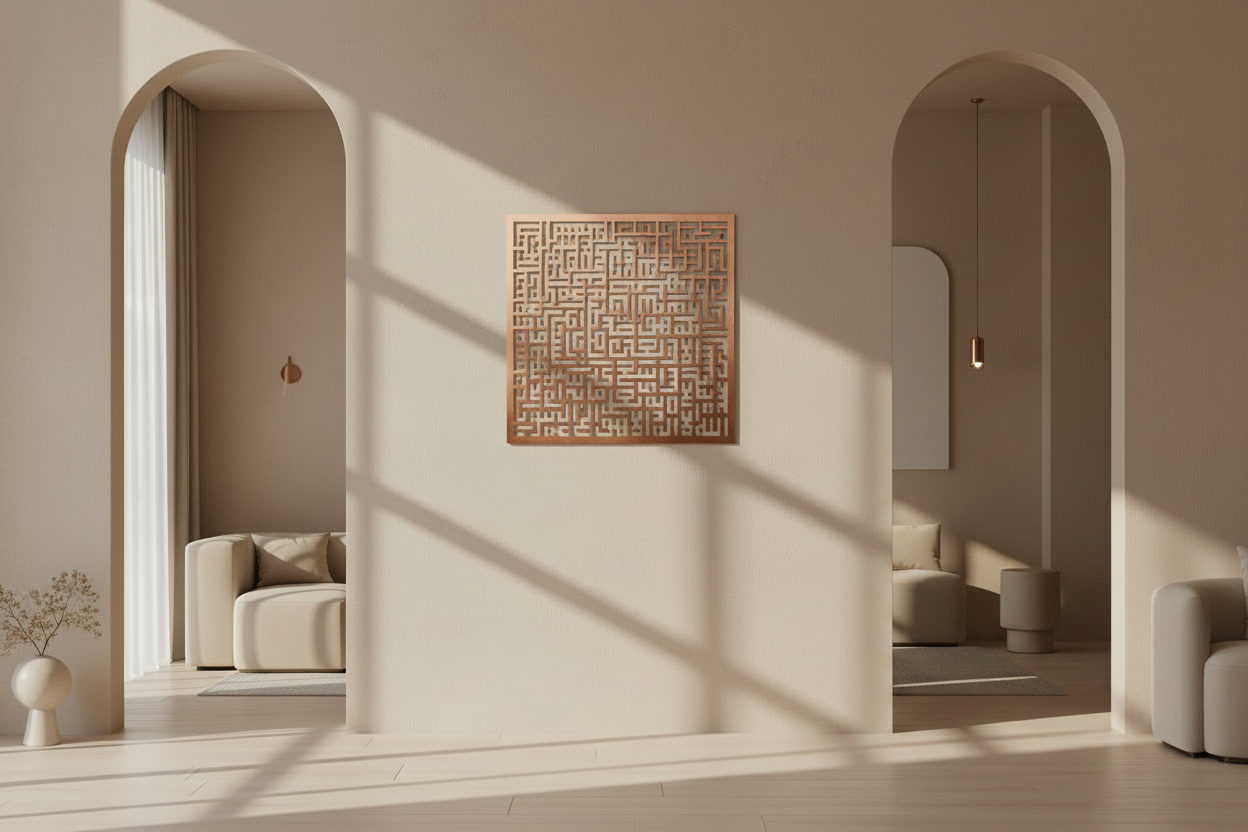black abaya standing in a modern, minimalistic room with a geometric wall art piece.