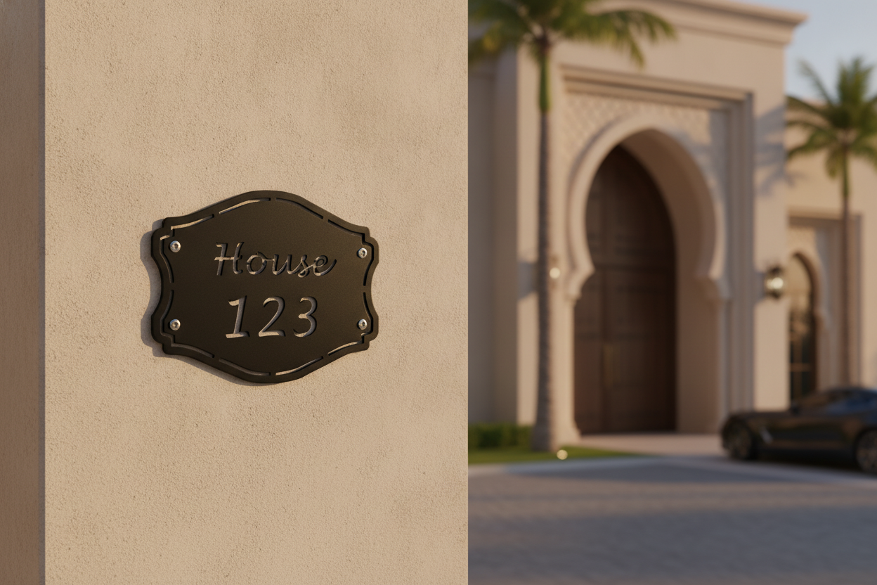 A black metal house number plaque reading 'House 123' mounted on a beige stucco wall