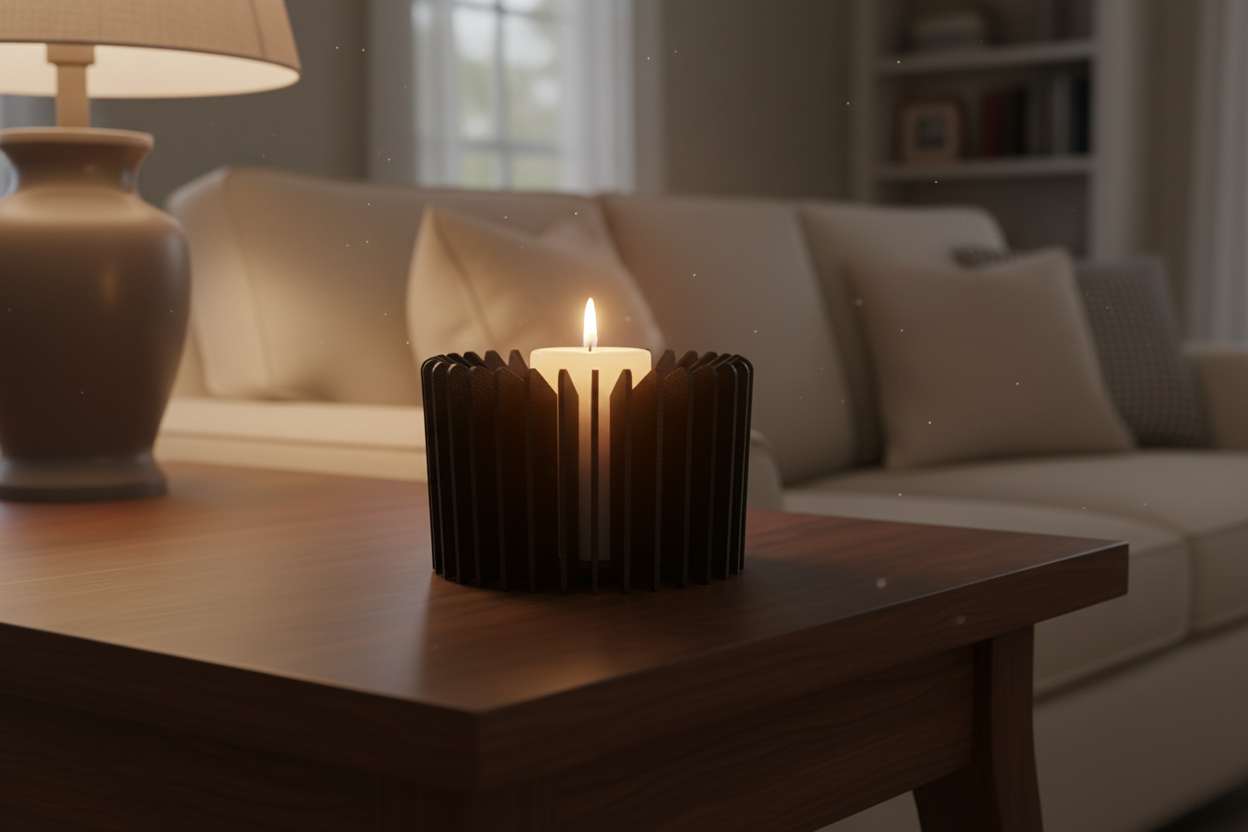 Candle in a decorative holder on a wooden table with a blurred living room background