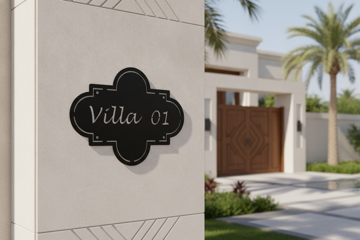 A black decorative house number plaque reading 'Villa 01' mounted on a beige stucco pillar, with a modern villa and palm trees visible in the background.