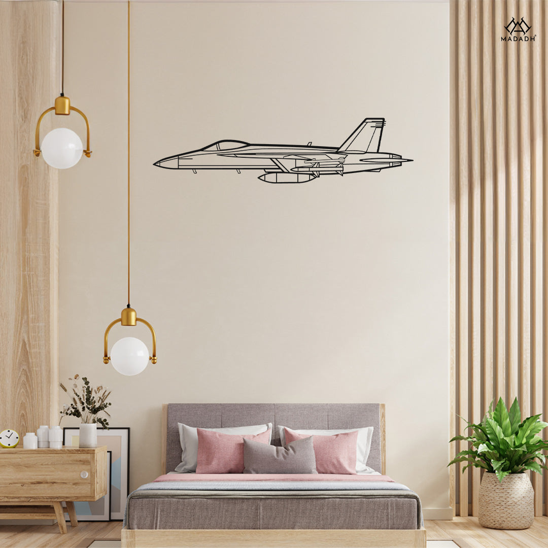 F-18 Hornet silhouette metal wall art on modern interior wall