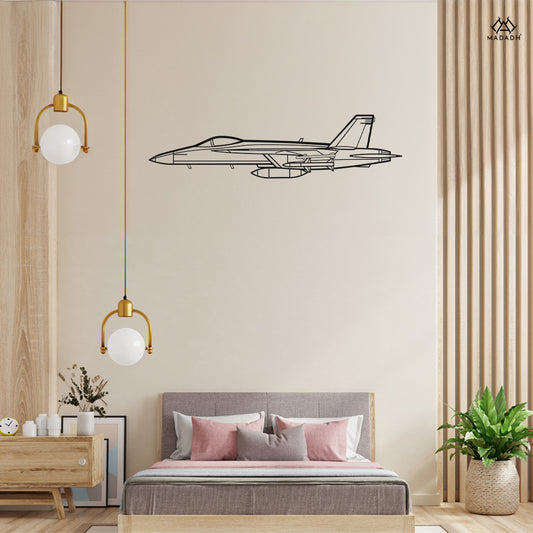 F-18 Hornet silhouette metal wall art on modern interior wall