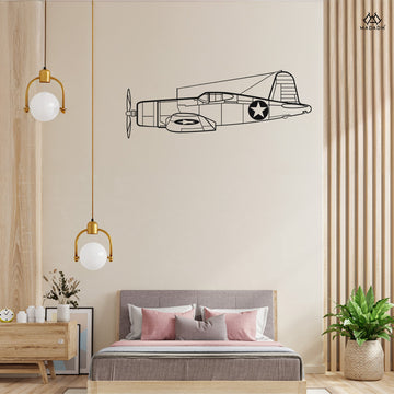F4U Corsair silhouette metal wall art displayed on modern wall