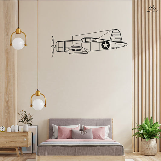 F4U Corsair silhouette metal wall art displayed on modern wall