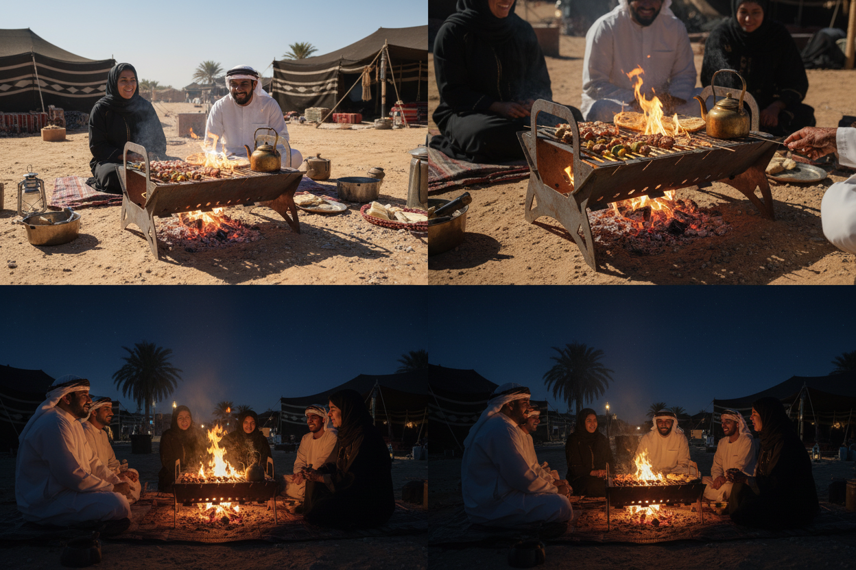 Rustic outdoor cooking firepit used for grilling meat and boiling water during a gathering