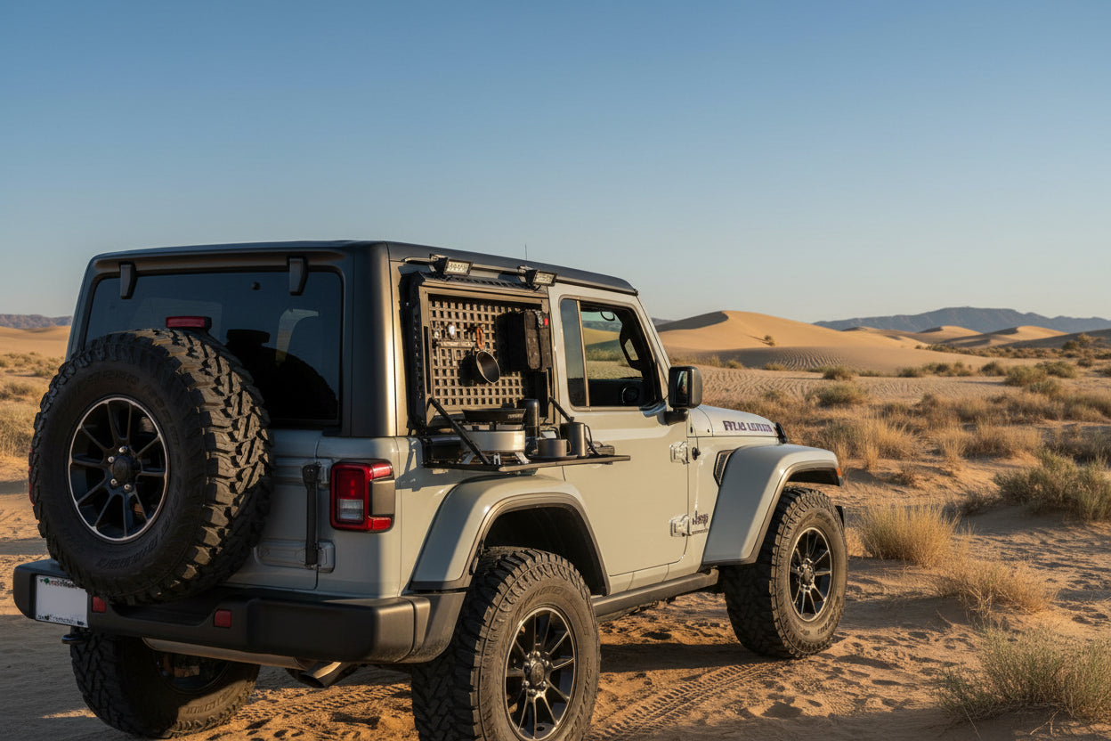 Gray off-road vehicle with open cargo area by a body of water and trees.