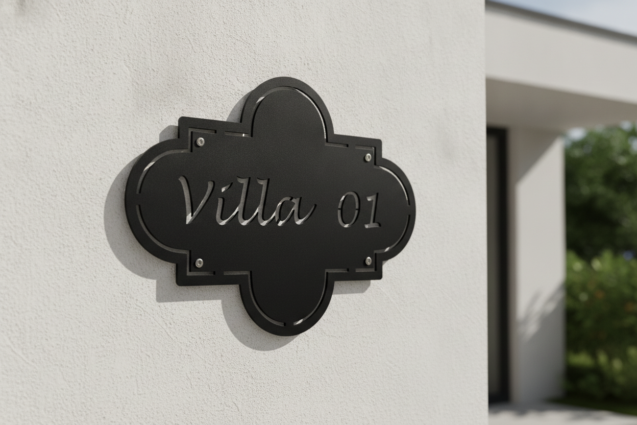A black metal house number plaque reading 'Villa 01' mounted on a textured white stucco wall, with a blurred modern building and greenery in the background.