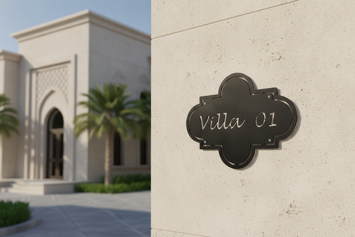 Custom black metal house number plate with personalized villa name and address number mounted on an exterior wall.
