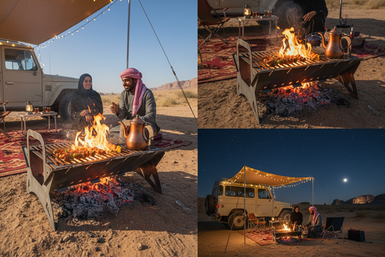 Rustic outdoor cooking firepit used for grilling meat and boiling water during a gathering