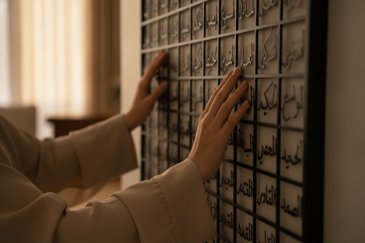 Person touching a wall with Arabic calligraphy in a room.