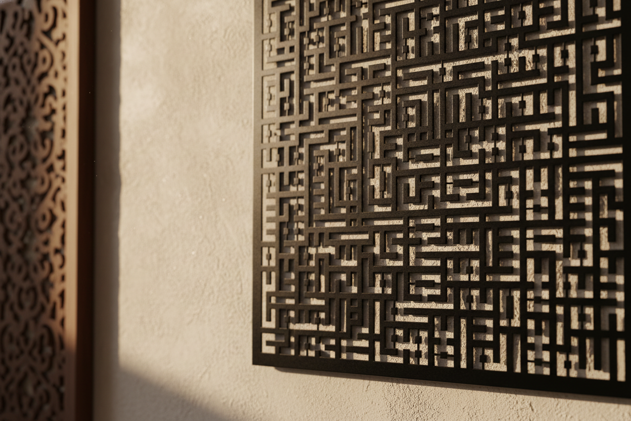 Decorative wall art with geometric pattern on a textured wall