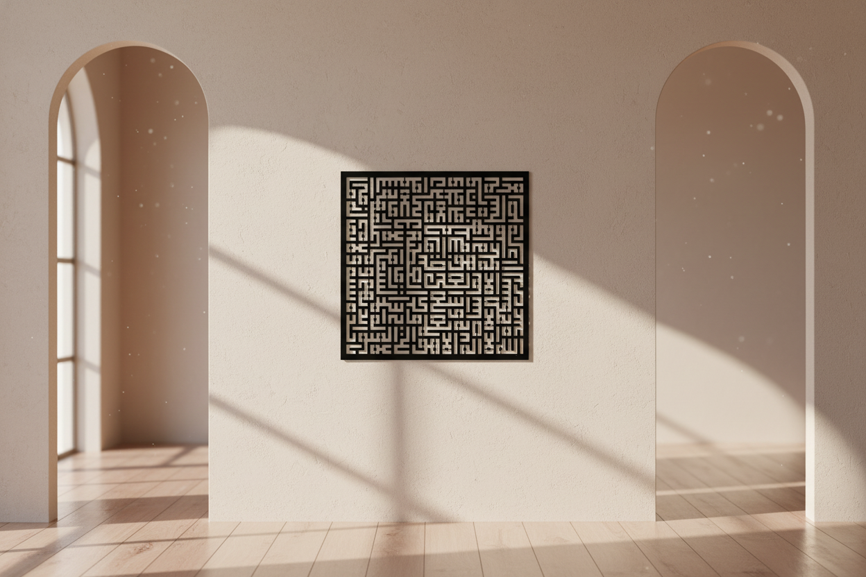 Decorative wall art with Arabic calligraphy in a minimalistic room with arched windows.