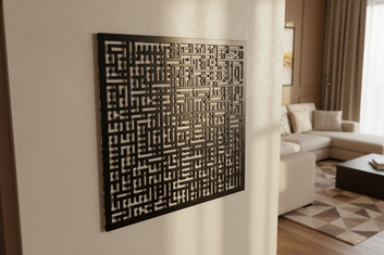 Decorative wall panel with geometric pattern in a living room setting