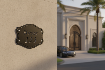 A dark bronze house number plaque reading 'House 123' mounted on a beige stucco wall, with a blurred exterior view of a villa and palm tree in the background.