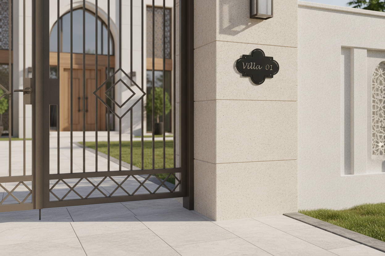 A modern black metal gate with decorative geometric patterns, set next to a beige stone pillar featuring a black cloud-shaped plaque that reads 'Villa 03'.