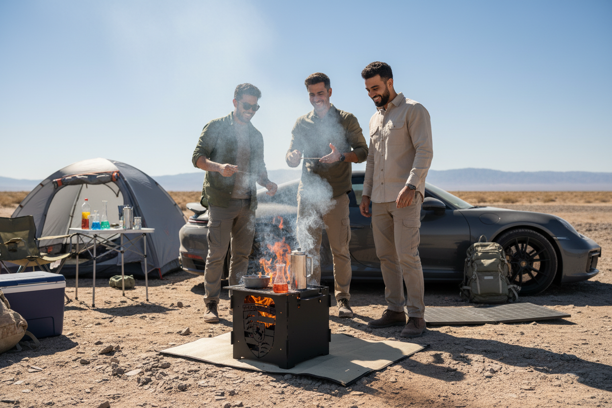 Close-up of crest-pattern firepit with bright flames and cooking food on top