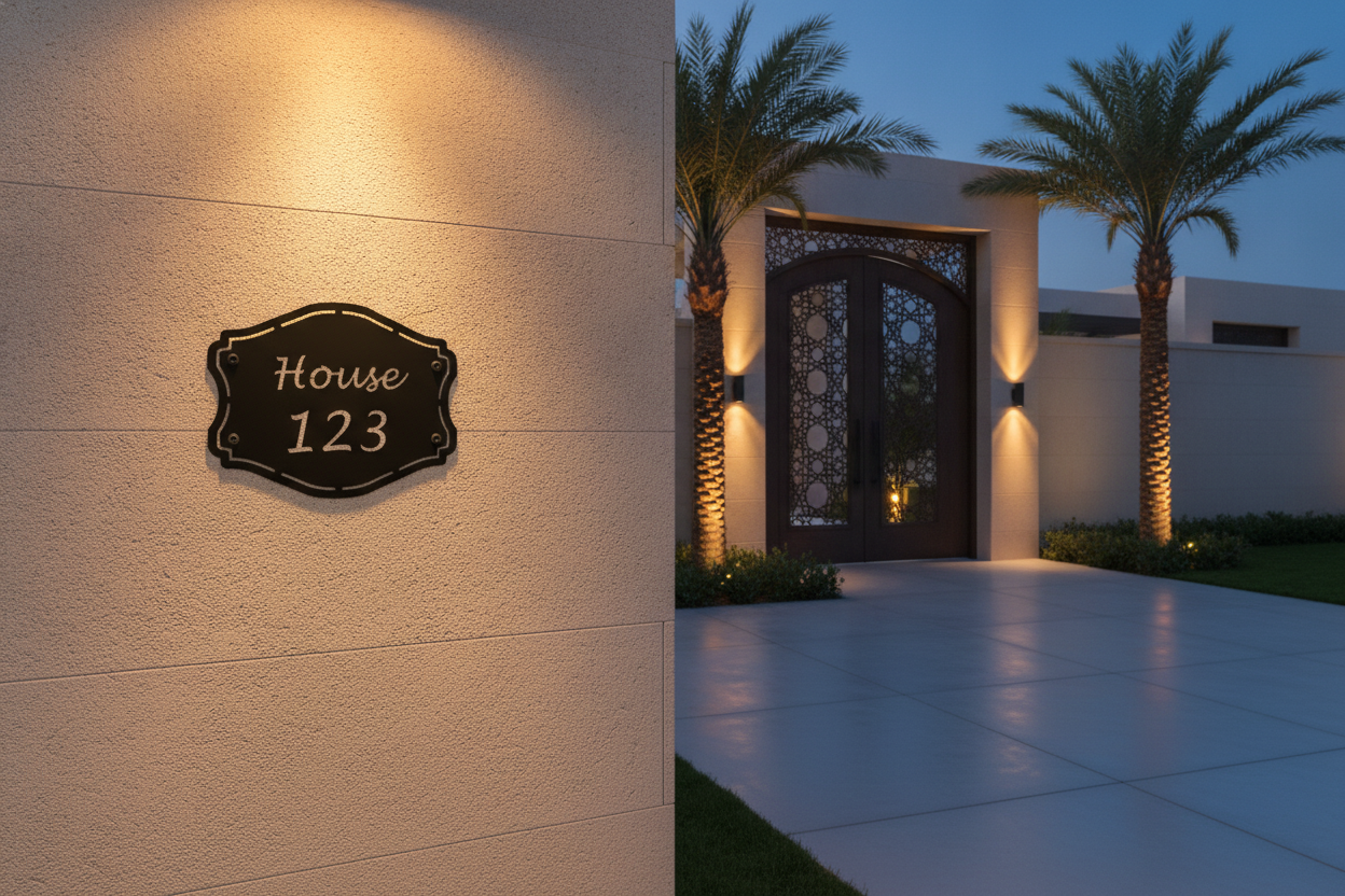 A decorative black metal house number plaque reading 'House 123' mounted on a beige stucco wall at dusk, with a modern courtyard entrance, palm trees, and warm wall lighting in the background.