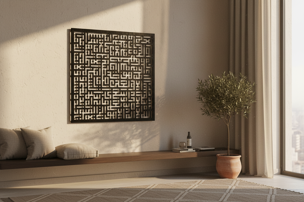 Decorative al kufic wall panel in a modern room with a window and plant.
