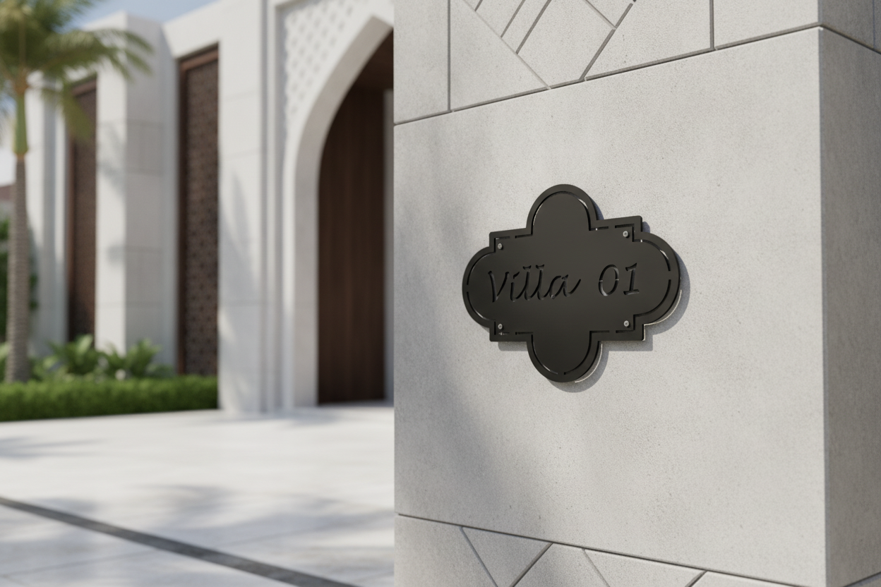 A black metal villa house number plaque reading 'Villa 61' mounted on a light gray stone wall, with a blurred modern architectural exterior in the background.