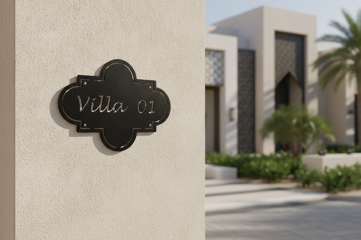 A black decorative house number plaque reading 'Villa 01' mounted on a beige stucco wall, with a blurred modern building and palm trees in the background.