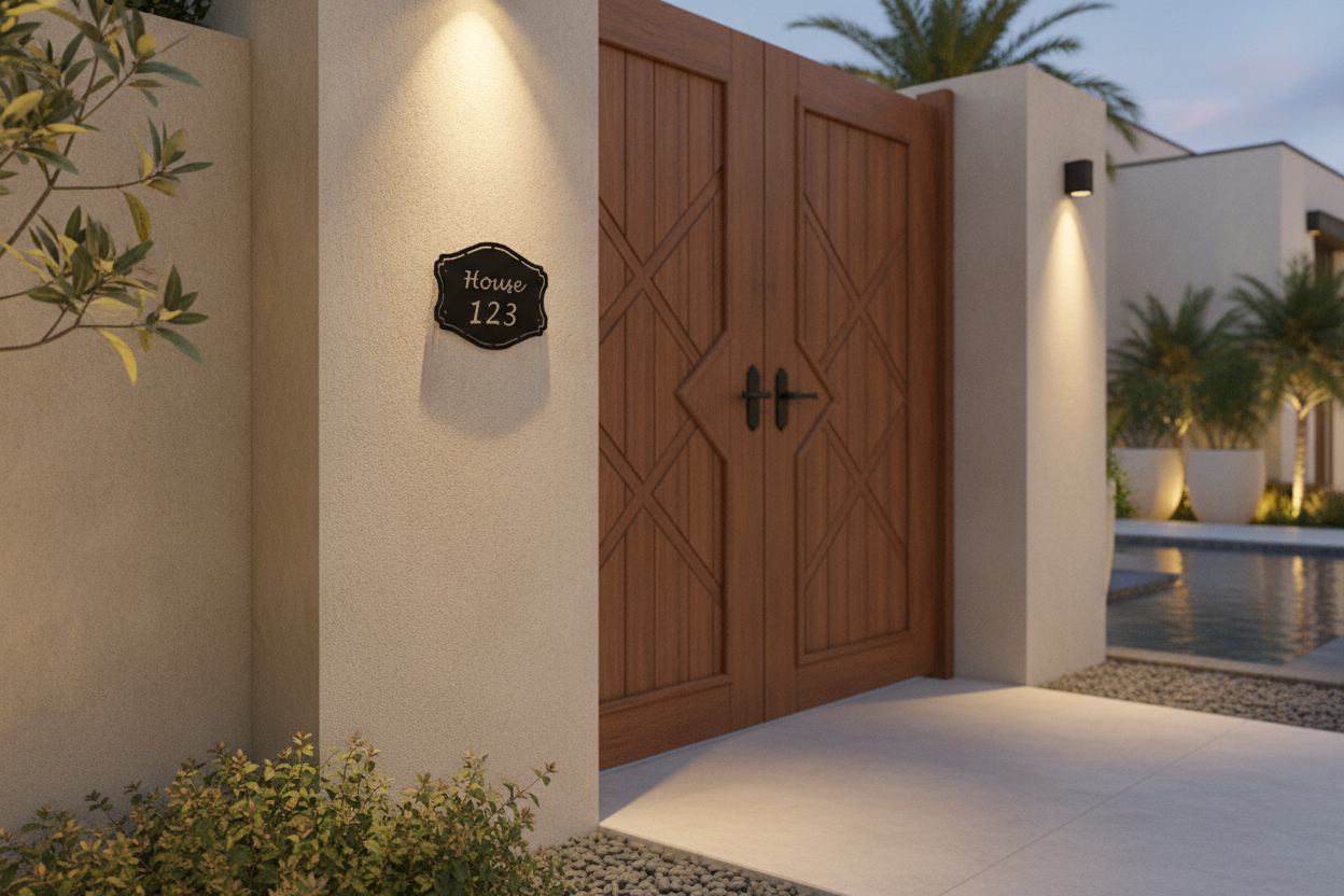 A pair of brown double wooden gates with a decorative diamond pattern, set in a modern residential entryway with beige walls, a house number plaque, and a pool area in the background.