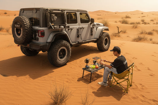 Person sitting by a Jeep near a lake with outdoor gear.