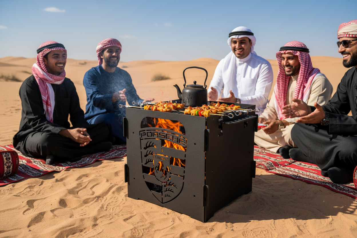 Close-up of crest-pattern firepit with bright flames and cooking food on top