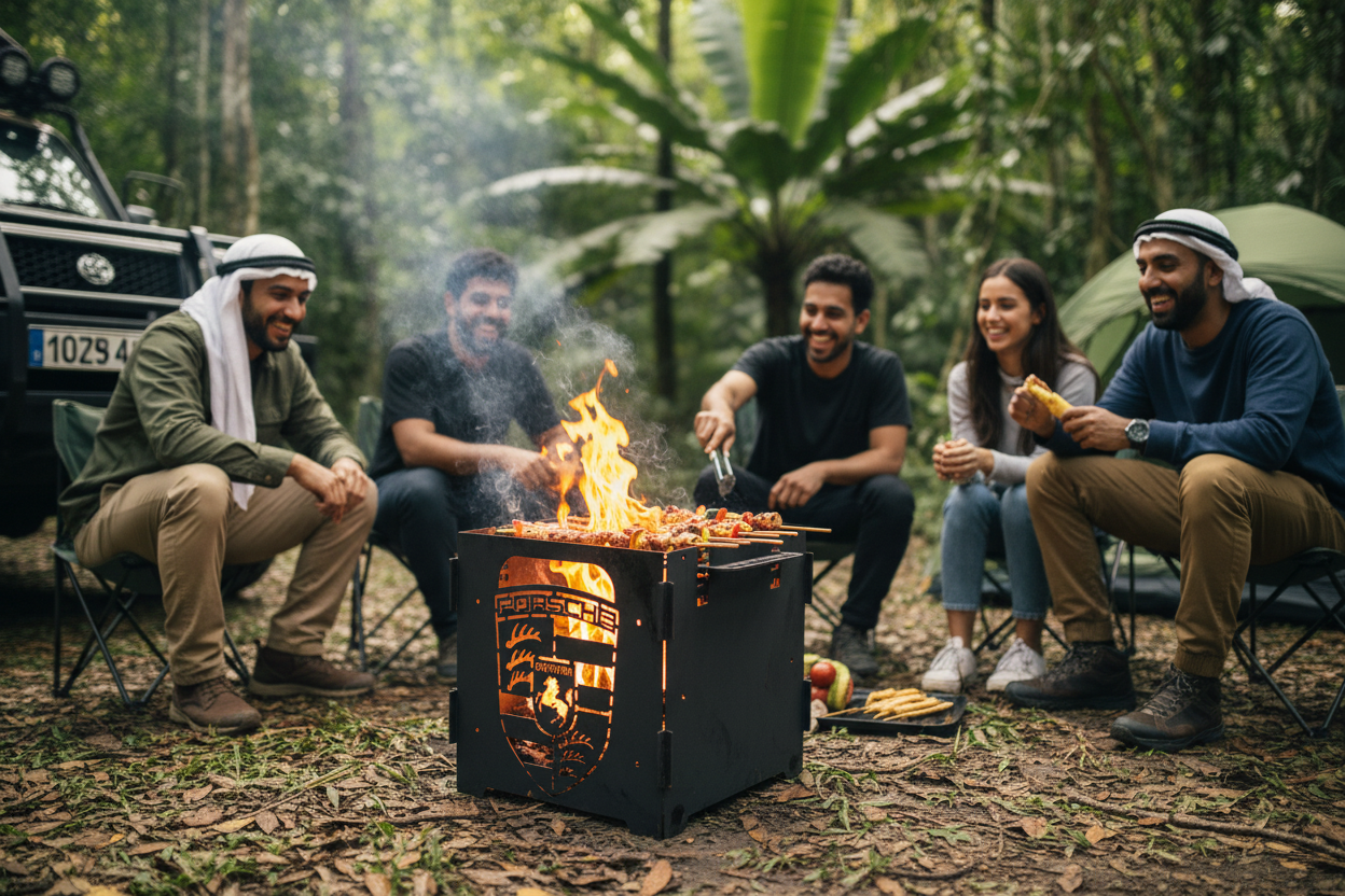 Firepit used for grilling corn and skewers during an outdoor gathering