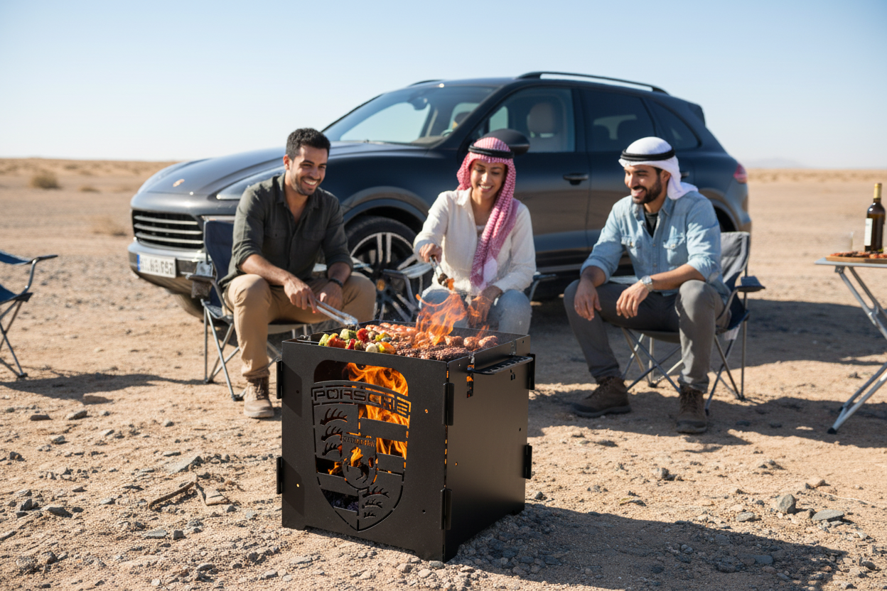 Close-up of crest-pattern firepit with bright flames and cooking food on top