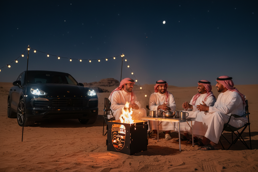 Close-up of crest-pattern firepit with bright flames and cooking food on top