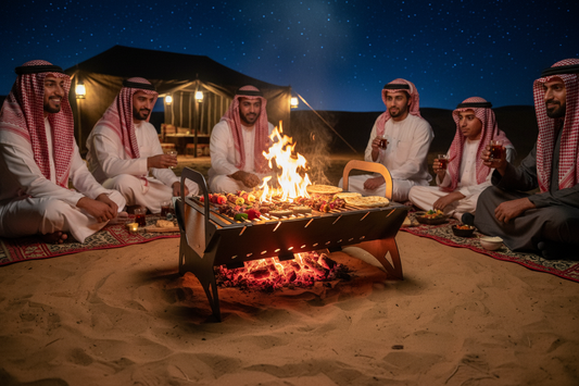 Rustic Steel Outdoor Firepit Grill – Dual-Level Cooking Firepit for Barbecues, Camping & Desert Gatherings