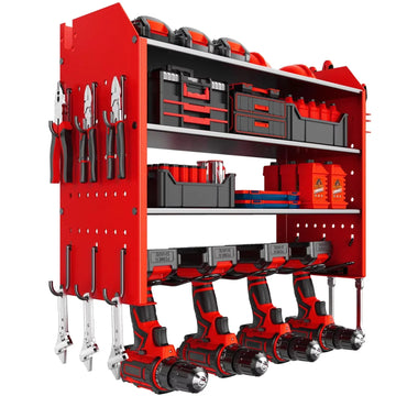 Heavy Duty Power Tool Wall Mounted Organizer Battery Tool Rack with Pegboard Side Racks and Hooks