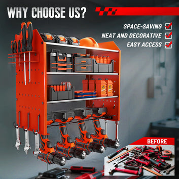Heavy Duty Power Tool Wall Mounted Organizer Battery Tool Rack with Pegboard Side Racks and Hooks