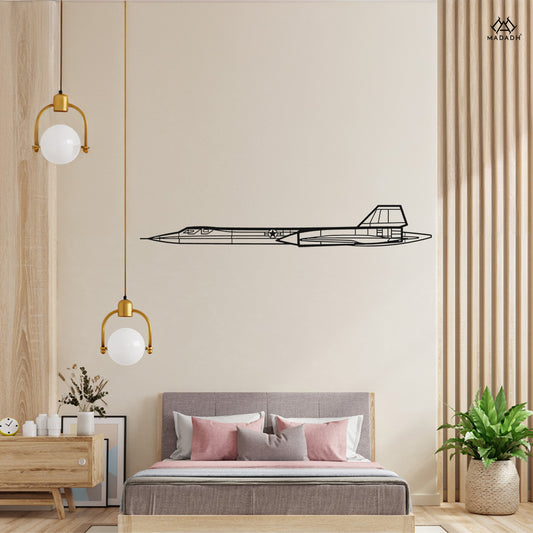SR-71 Blackbird silhouette metal wall art displayed on modern interior wall