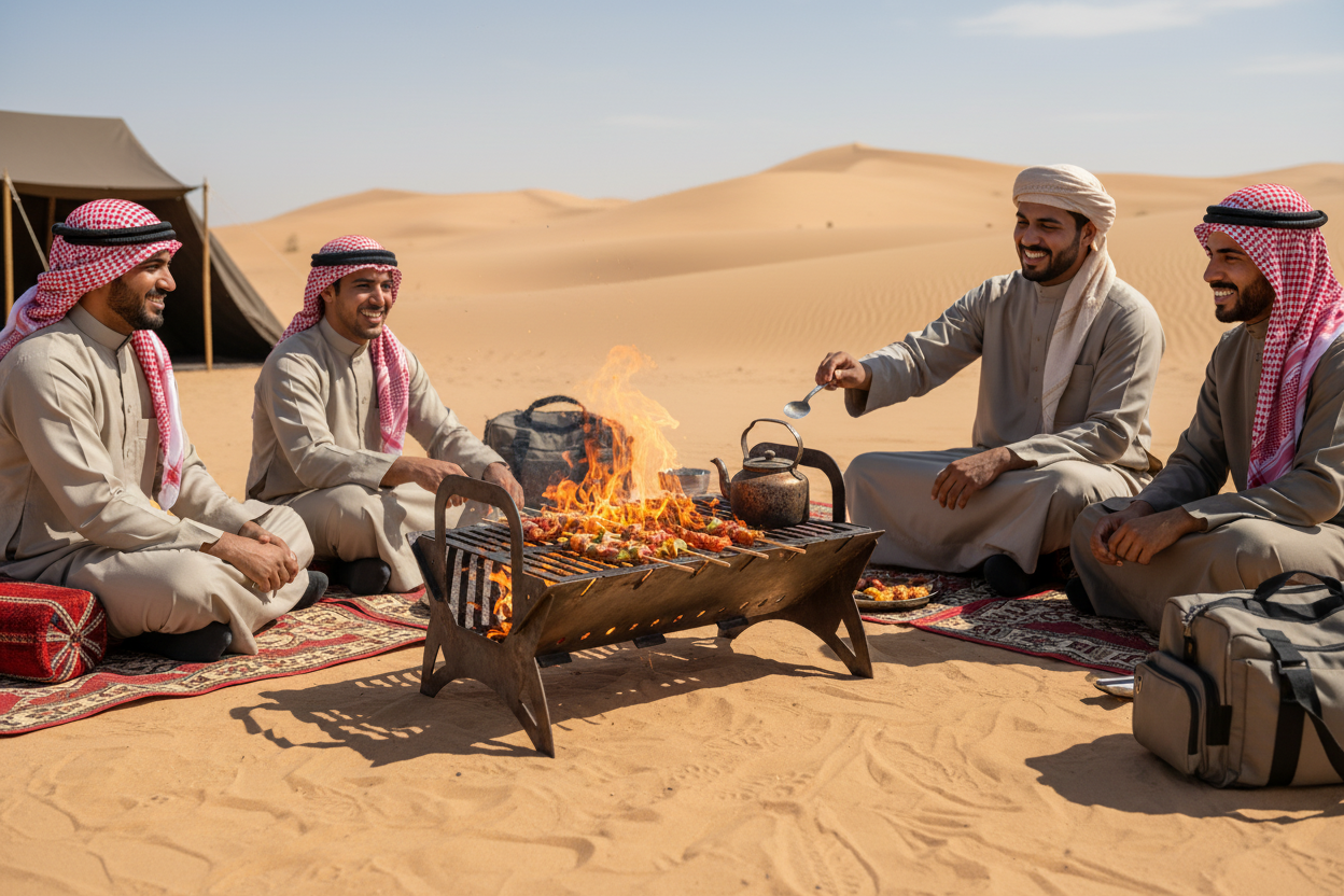 Outdoor firepit grill with meat roasting and a kettle heating over a wood fire