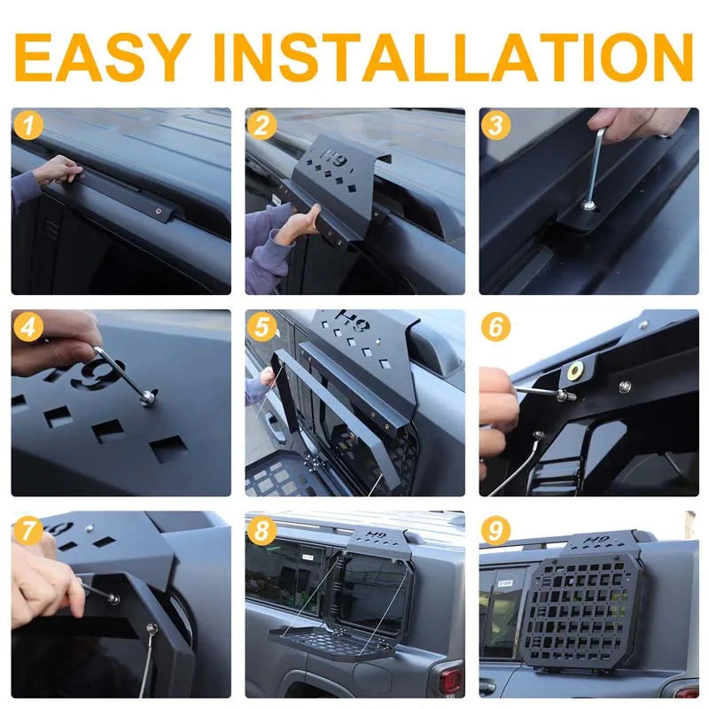 Step-by-step installation guide for a car pet crate with labeled steps.